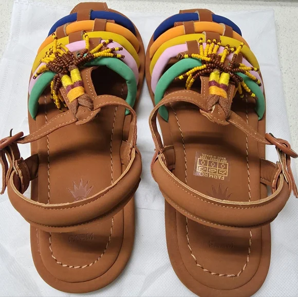 Farm Rio Caramel Beaded Rainbow Tube Strap Sandals Sz. 8 - Picture 4 of 8
